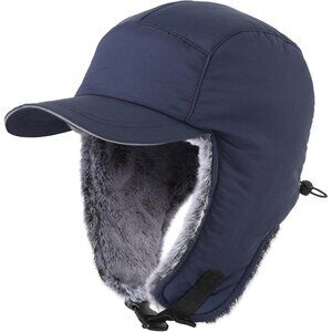 Men Navy Blue Winter Trapper Hat Faux Fur Earflaps with Reflective Brim